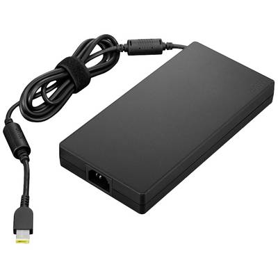 Alimentatore per laptop nero con connettore DC giallo e cavo.