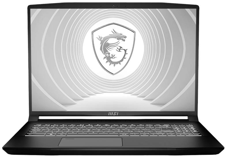 Un laptop nero con lo schermo aperto. Sullo schermo è visibile un logo con un drago.