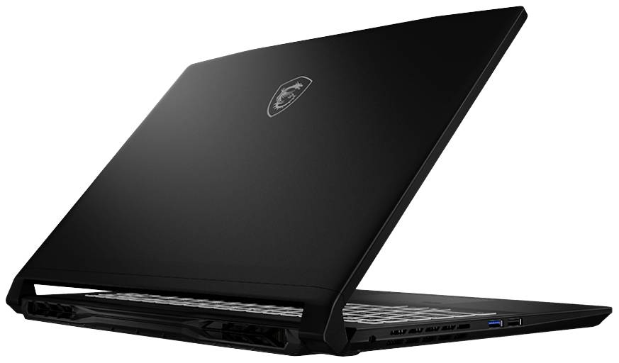 Laptop nero parzialmente aperto, vista posteriore, che mostra le griglie di ventilazione e il design sottile.