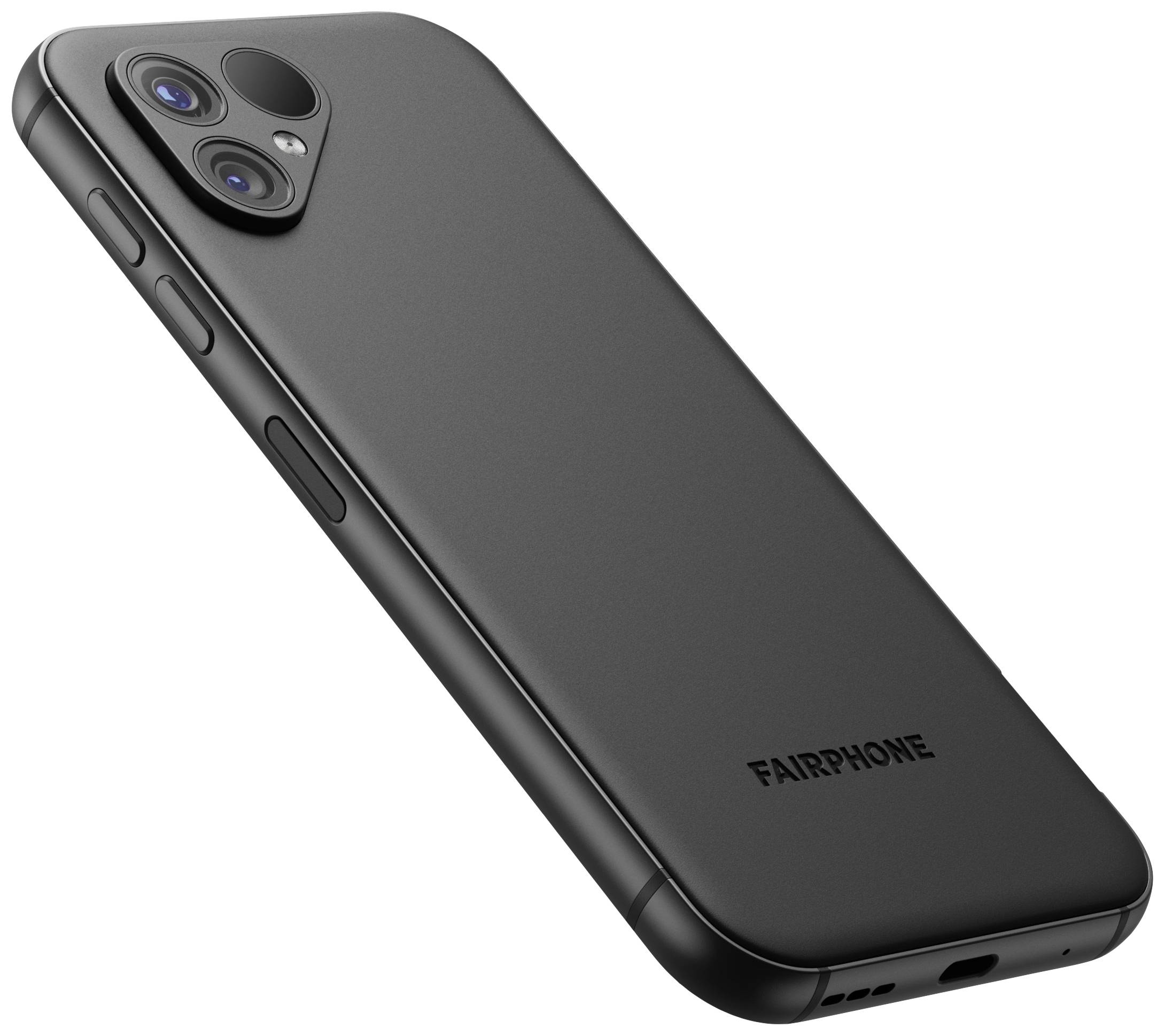 Un telefono nero con fotocamera doppia sul retro e il logo 'Fairphone'. Il design è essenziale e moderno.