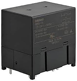 Un relè nero, rettangolare, con più piedini di connessione e un'etichetta sulla superficie. Viene utilizzato nei circuiti elettronici.