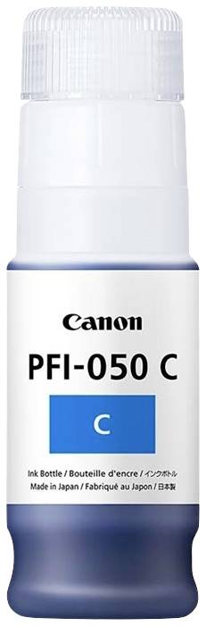 L'immagine mostra una bottiglia di inchiostro Canon, modello PFI-050 C, con inchiostro blu. L'etichetta riporta: 'Ink Bottle', 'Made in Japan'.