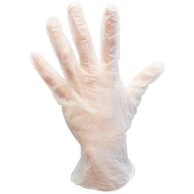 Una mano in un guanto monouso trasparente che punta verso l'alto.