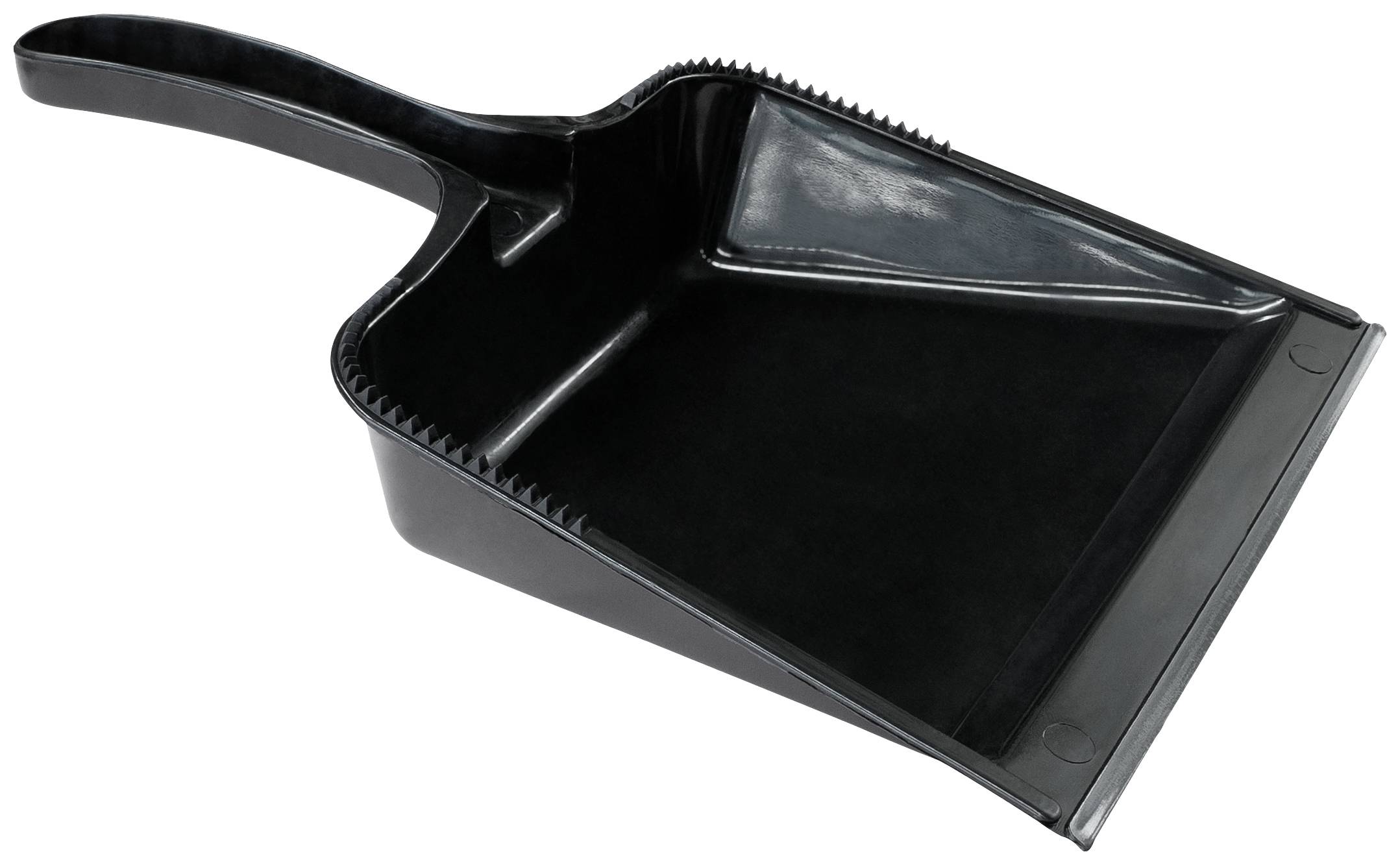 Paletta per spazzatura in plastica nera con manico lungo, adatta per raccogliere sporcizia e rifiuti.