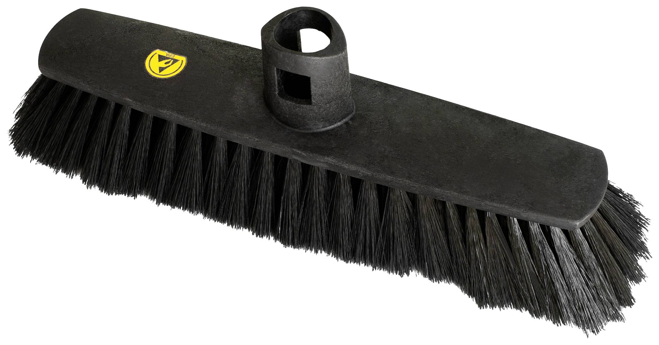 Scopa nera con setole fittamente disposte e logo giallo, adatta per lavori di pulizia grossolani su diverse superfici.