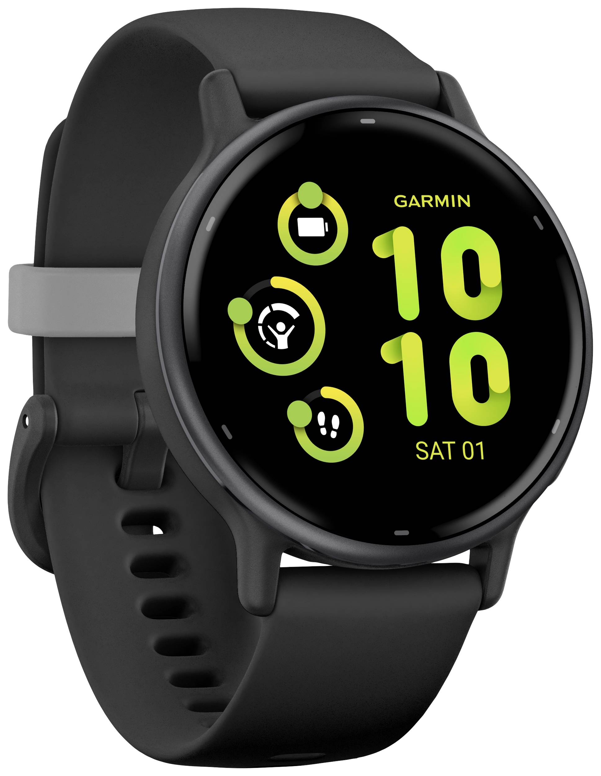 Smartwatch nera con display circolare. Mostra l'ora '10:10' e la data 'SAB 01'. Tre pittogrammi per app e funzioni.
