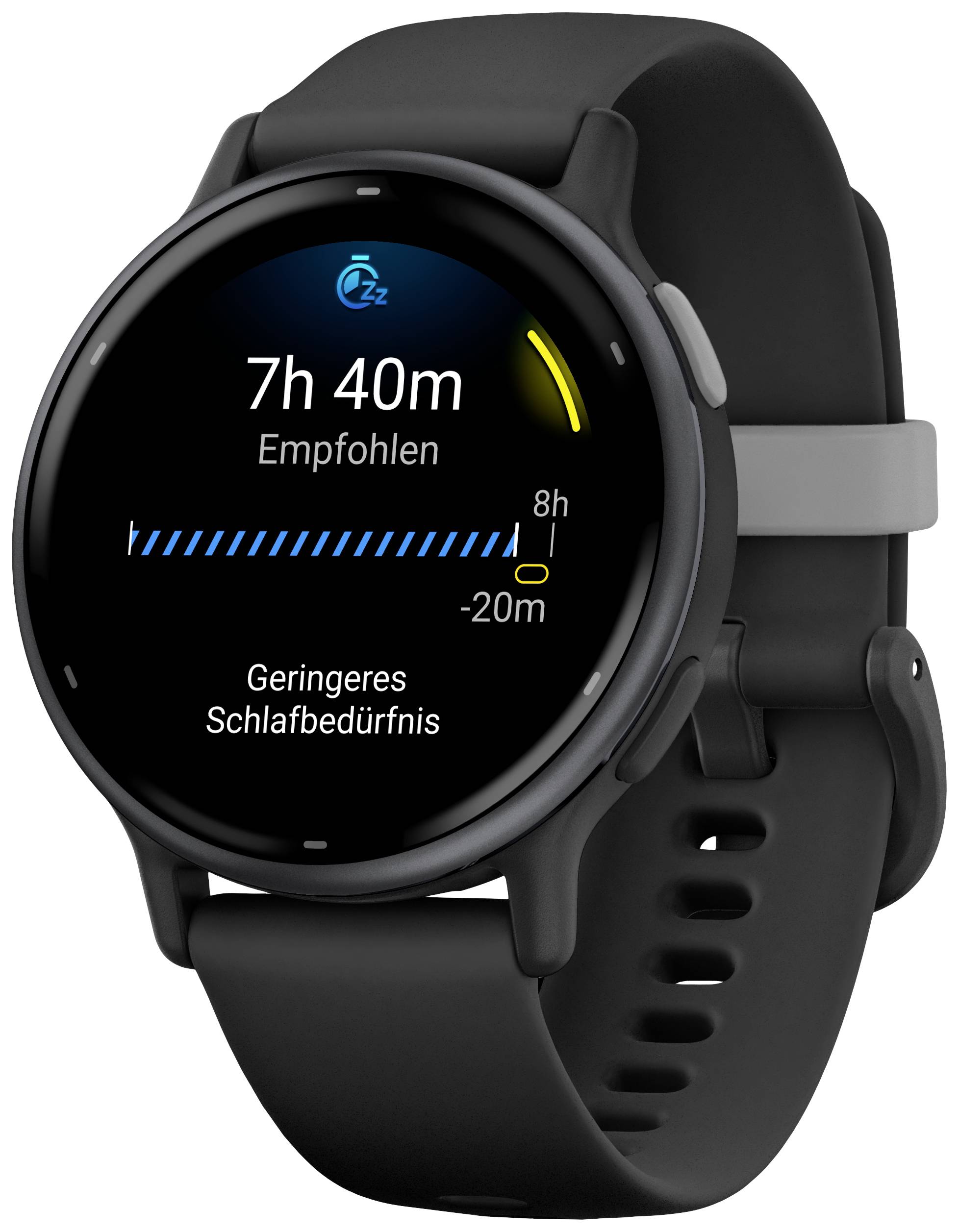 Un smartwatch nero mostra un consiglio di sonno di '7h 40m' e i dati attuali del sonno con una barra di avanzamento blu.