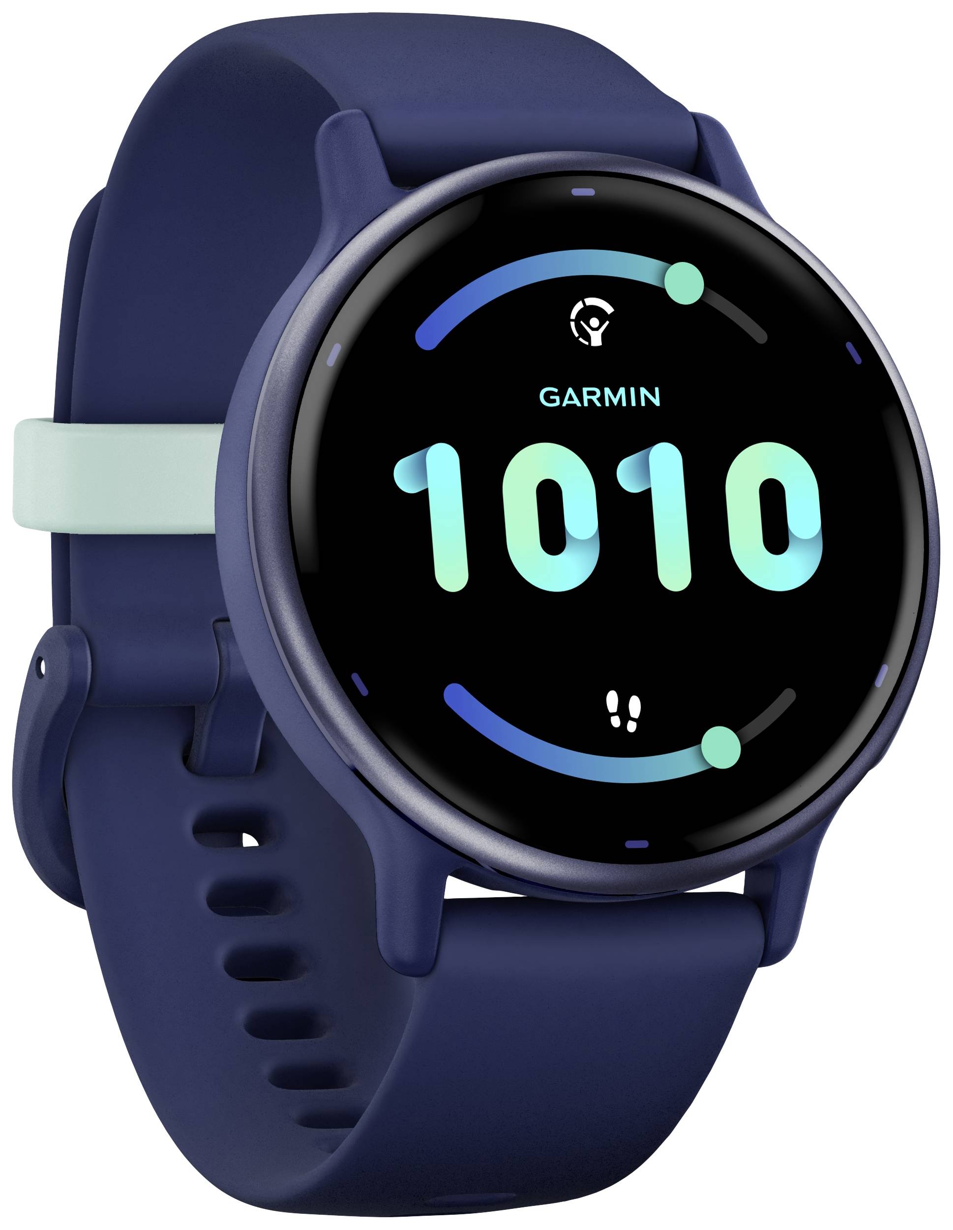 Smartwatch con cinturino blu, che mostra l'ora 10:10 e il logo del marchio Garmin sul display rotondo.
