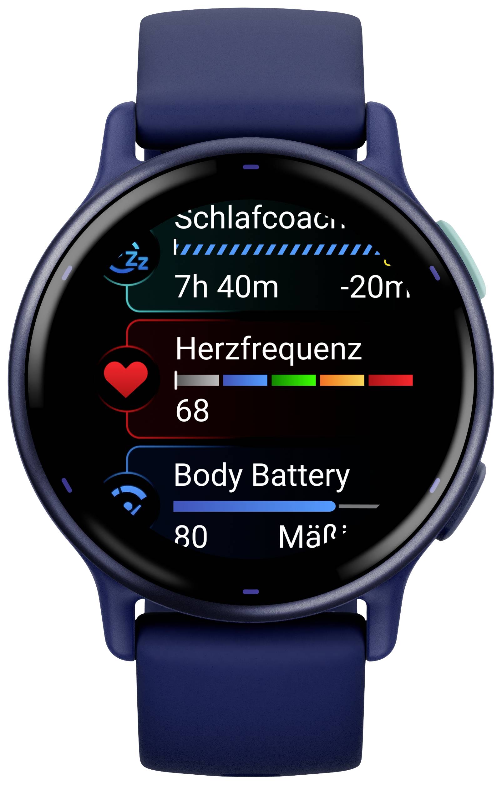 Un smartwatch mostra i dati di coaching del sonno, la frequenza cardiaca (68 BPM) e il valore 'Body Battery' (80).