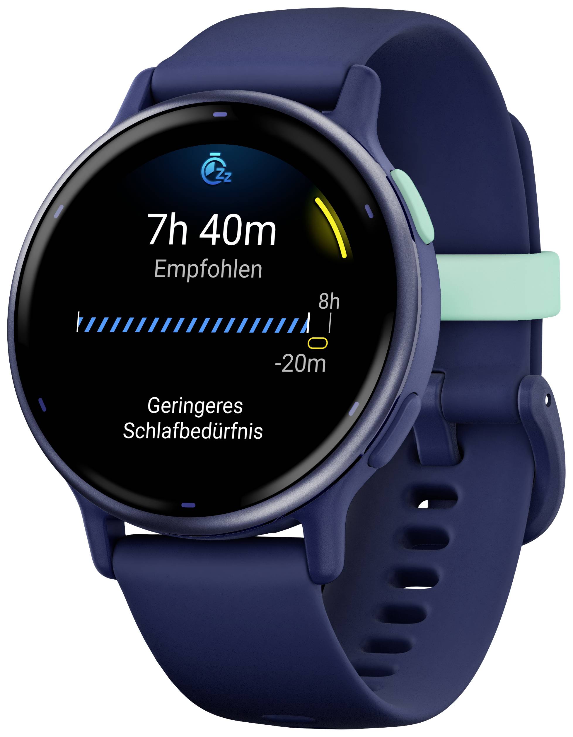 Smartwatch con display circolare mostra le statistiche del sonno: durata del sonno consigliata 7h 40m. Durata effettiva del sonno 8h.
