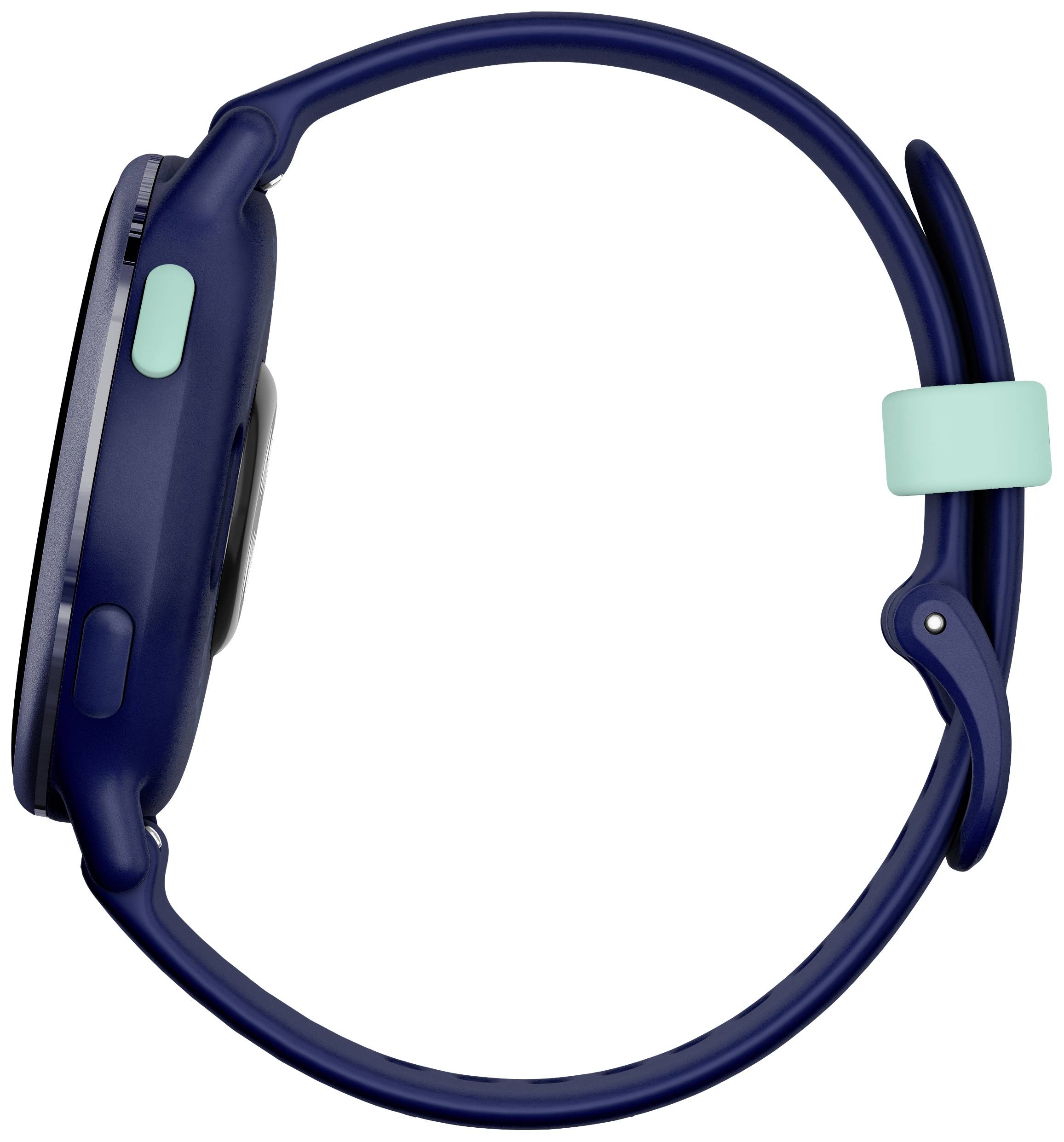 Smartwatch blu con cassa rotonda e tasto verde sul lato, vista laterale; design moderno, cinturino sportivo.