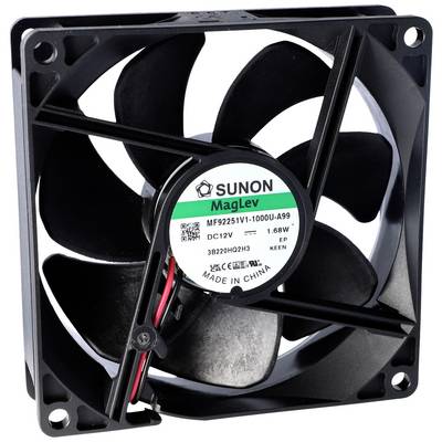 Un ventilatore nero per computer 'SUNON' con la scritta 'MagLev', 12 volt e 1,68 watt, è poggiato su una superficie chiara.