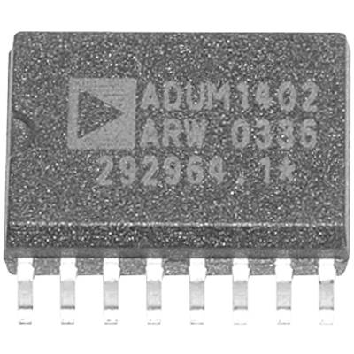 Un chip elettronico con la scritta 'ADUM1402 ARW 0336 2929621'. Il chip ha 16 pin ed è utilizzato nei circuiti elettronici.