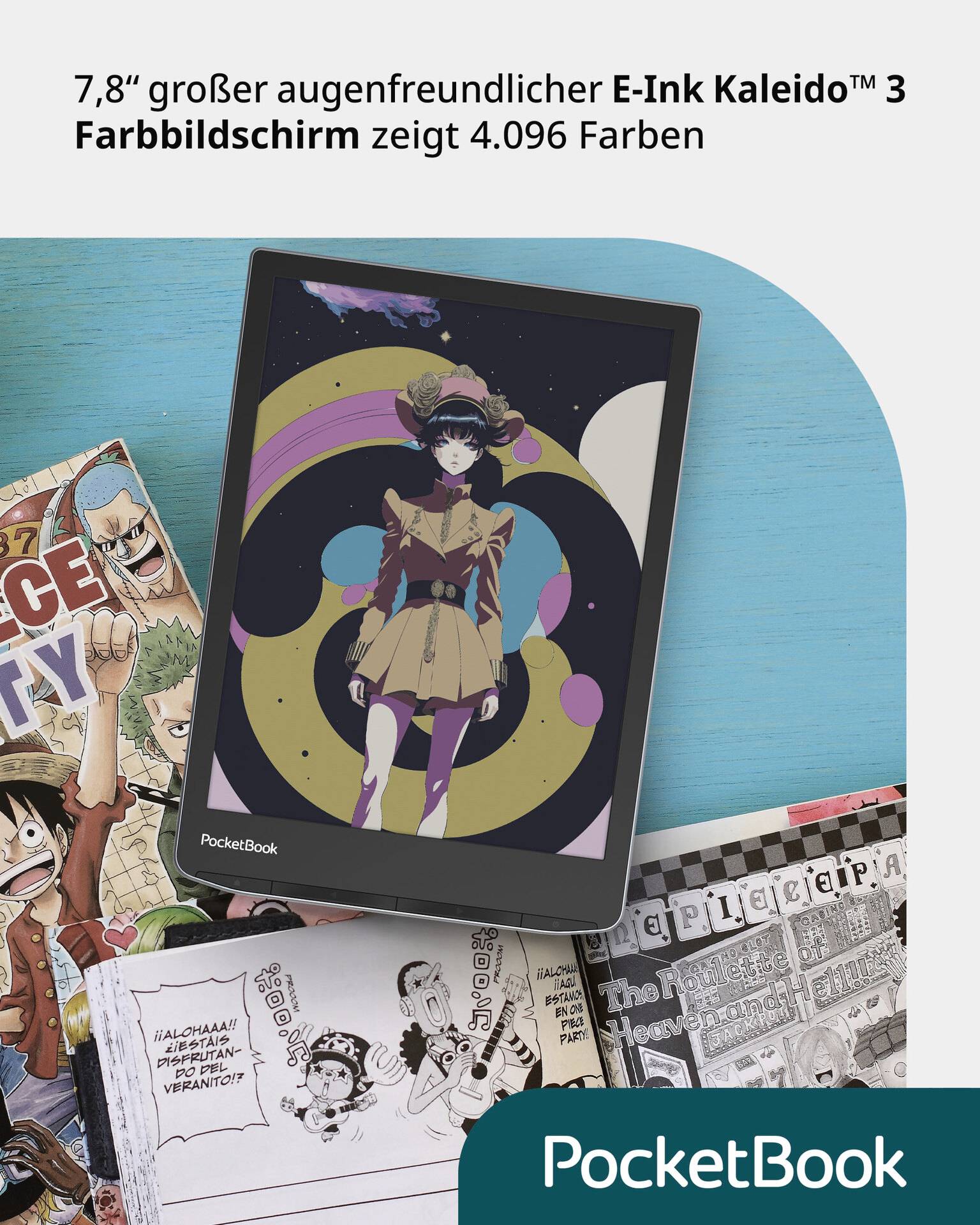 Un e-reader con display a colori E-Ink da 7,8 pollici mostra la copertina di un manga. Sullo sfondo, dei fumetti sono posizionati su un tavolo blu.