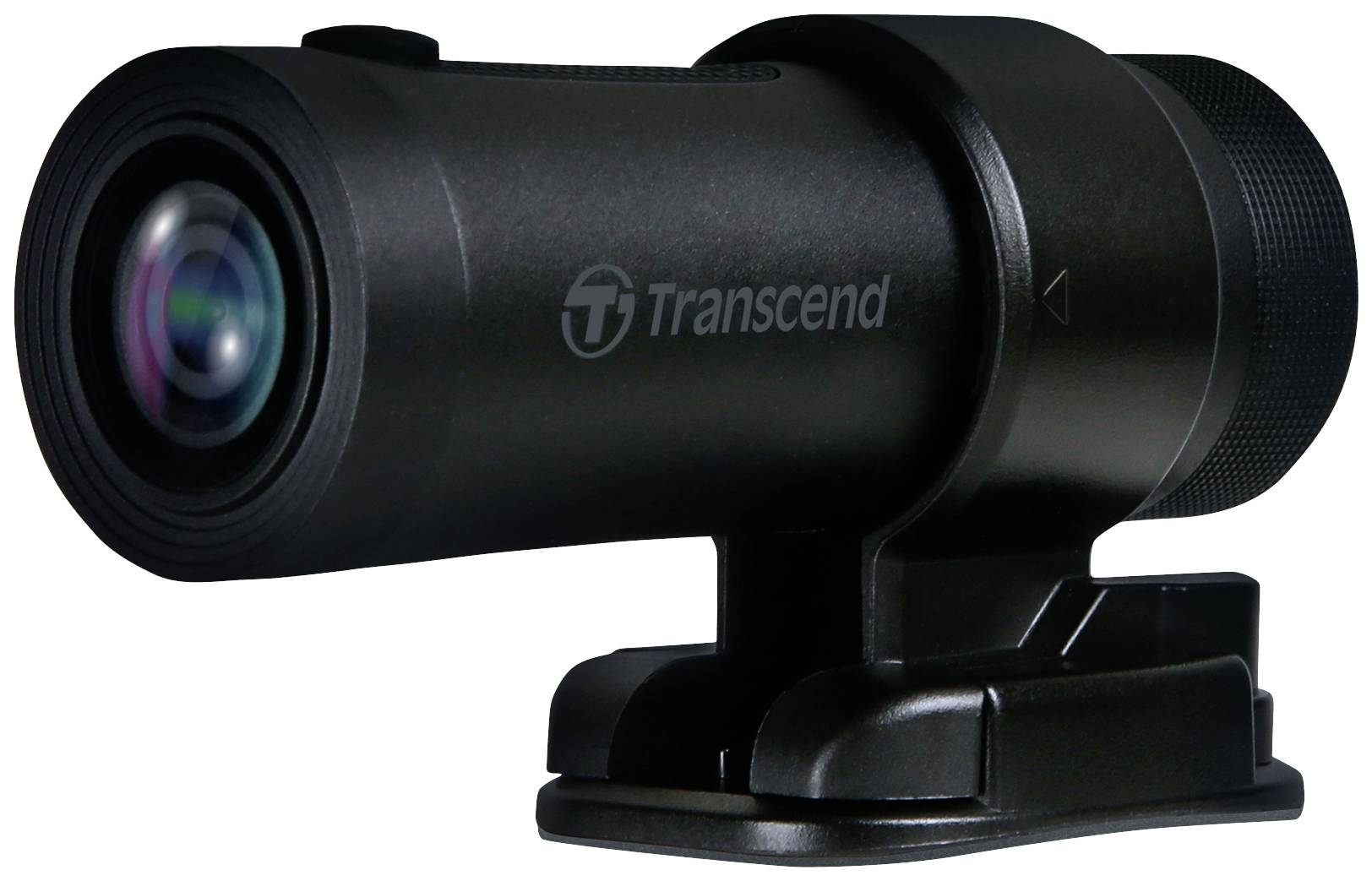 Dashcam Transcend nera con design cilindrico e lente chiara, montata su supporto.