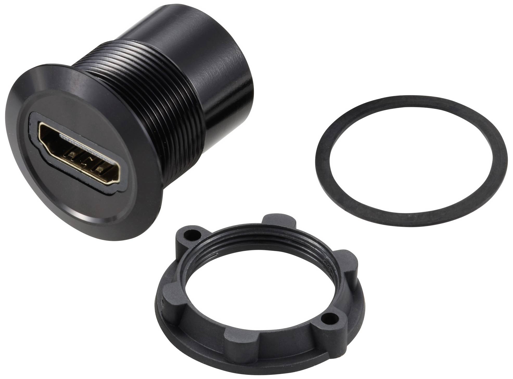 'Connettore HDMI nero con anello rimovibile e guarnizione di tenuta, idoneo per il montaggio a pannello in dispositivi elettronici.'