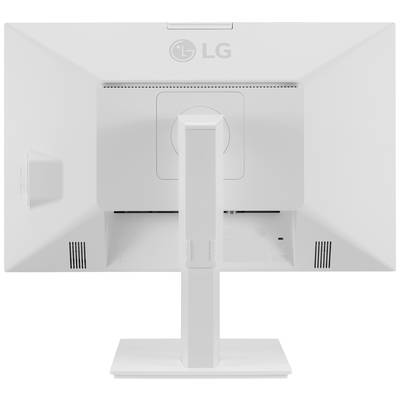 Un monitor LG visto da dietro, che mostra il piedistallo rettangolare, la gestione dei cavi e le aperture di ventilazione.