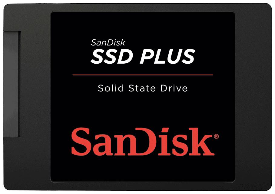 SanDisk Solid State Drive con la scritta 'SanDisk SSD PLUS Solid State Drive'. Involucro nero con logo rosso.