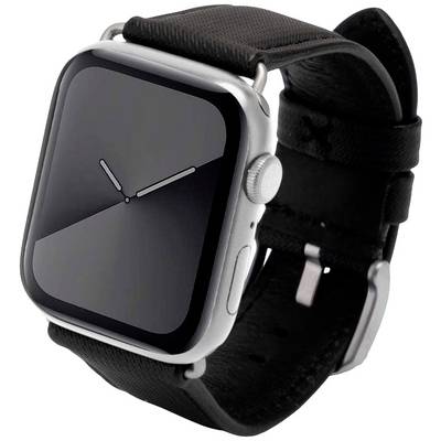 Un smartwatch nero con display rettangolare e cassa argentata che mostra l'ora senza ulteriori informazioni.