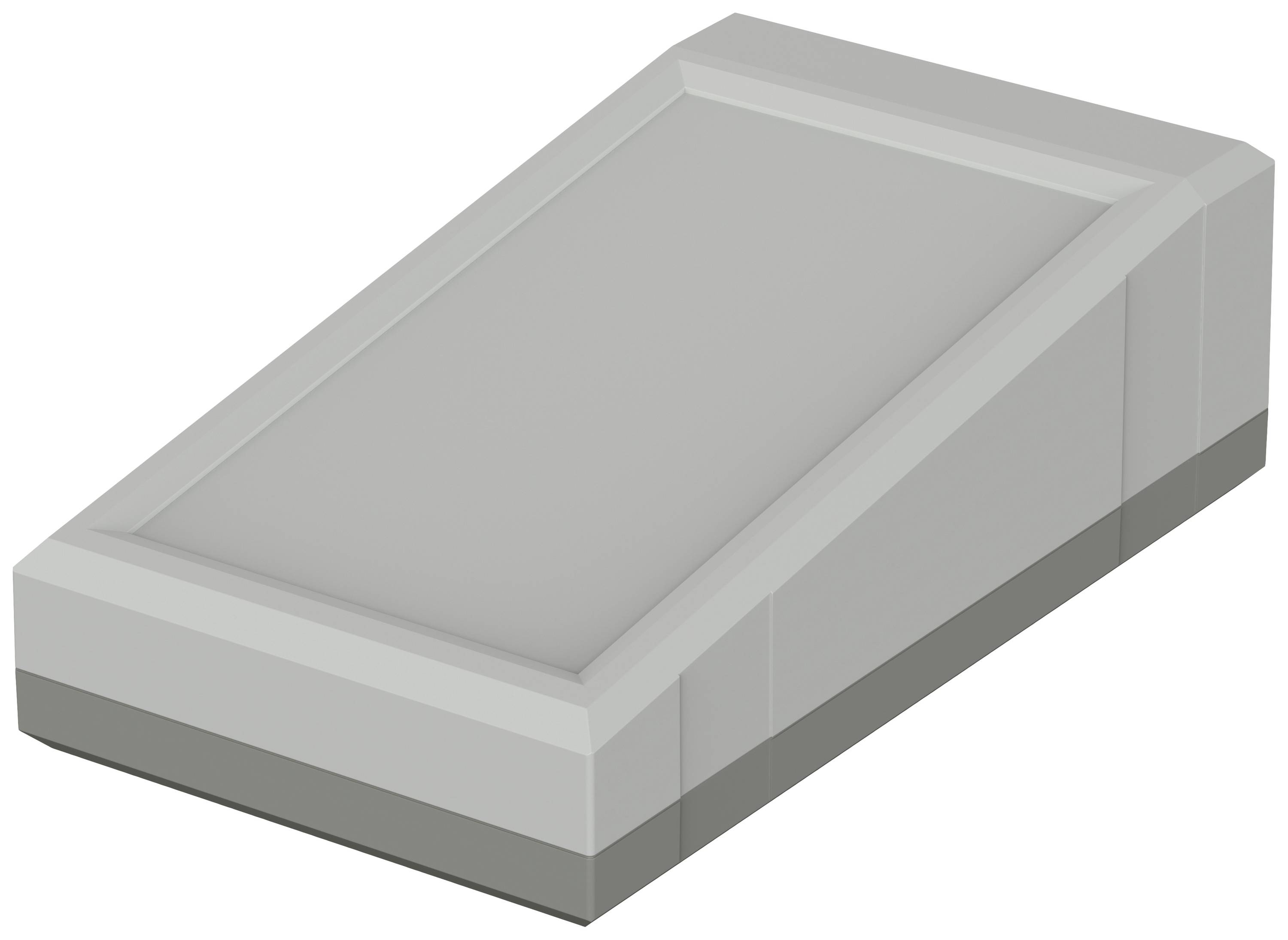 Un cuneo rettangolare grigio in plastica che può essere utilizzato come supporto o per il posizionamento.