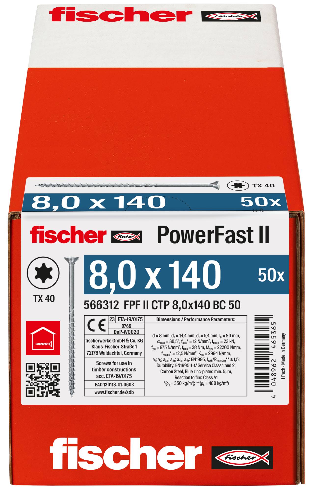 Scatola di viti Red Fischer PowerFast II etichettata con '8,0 x 140' e '50x' con i dettagli del prodotto sulla parte anteriore.