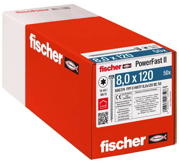 Fischer 566374 PowerFast II Vite da legno esagonale 8 mm 120 mm Interno multidentato    Acciaio galvanizzato zinco 50 pz.