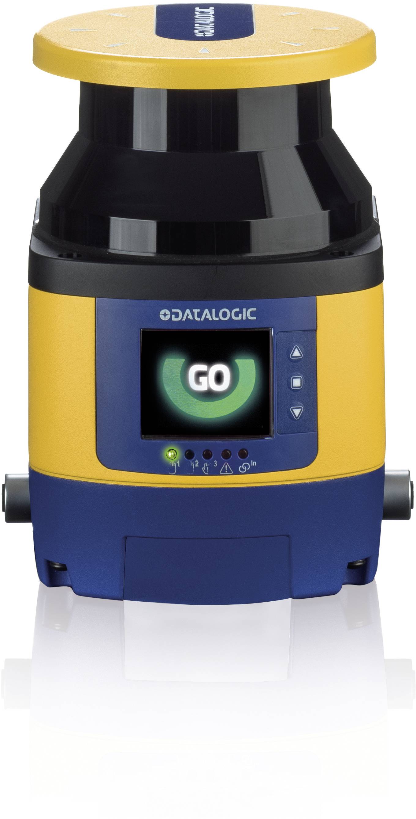 Uno scanner laser giallo-blu con display e indicatore 'GO'. Dispositivo Datalogic per il rilevamento degli oggetti nei processi di automazione.