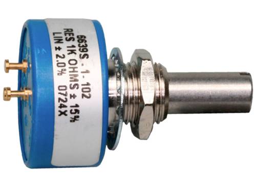 Sensore elettrico cilindrico con bordo blu, l'etichetta indica una resistenza di 1k Ohm. Due connettori dorati visibili.