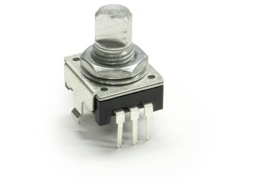 Un potenziometro metallico rotativo utilizzato per regolare resistenze elettriche, con tre piedini di connessione nella parte inferiore.