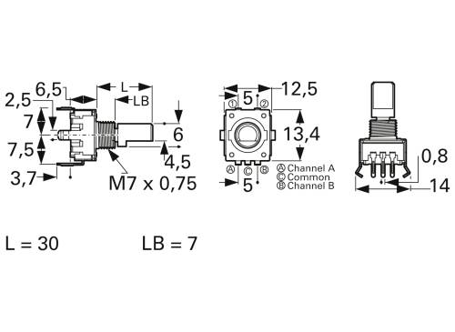 Disegno tecnico di un potenziometro con dimensioni: L=30, LB=7, M7x0,75; mostra diverse viste laterali con etichette dei canali.