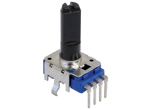 Un encoder rotativo elettrico con involucro blu, fissaggio in metallo e quattro pin di connessione. Utilizzato per misurazioni di posizione precise.