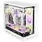 Un case per computer con rivestimento in vetro mostra un sistema di raffreddamento personalizzato. Le ventole brillano in viola e giallo.