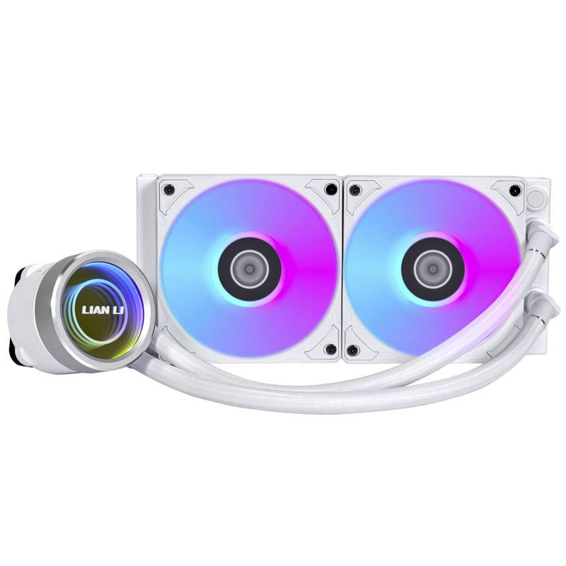 Un raffreddatore ad acqua per PC bianco con due ventole illuminanti in uno spettro di blu, viola e rosa. Marchio 'LIAN LI' visibile.