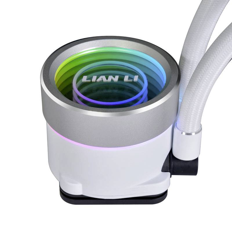 Un dissipatore di calore rotondo in metallo con LED arcobaleno e la scritta 'LIAN LI', collegato a due tubi bianchi per il raffreddamento del PC.