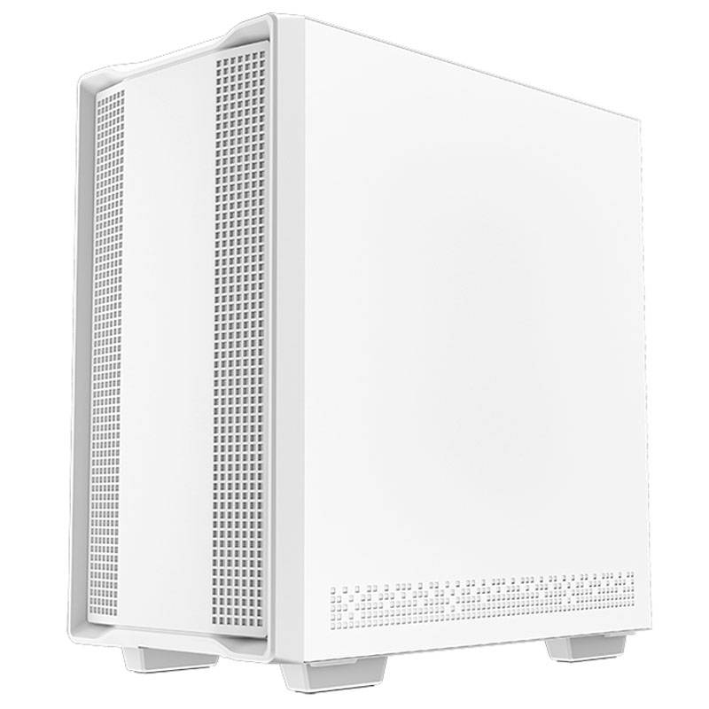 Un case per computer bianco con fessure di ventilazione sul lato anteriore e inferiore, in posizione verticale, privo di qualsiasi identificazione del marchio.