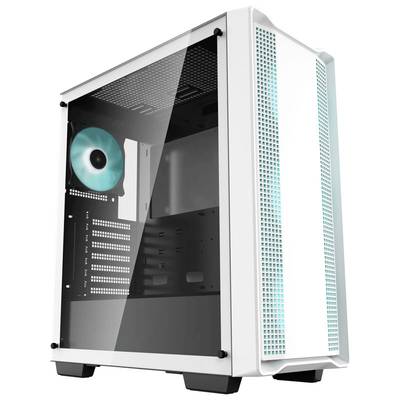 Custodia per PC bianca con finestra laterale trasparente e ventola illuminata di blu. Adatta per assemblaggio e raffreddamento del PC.