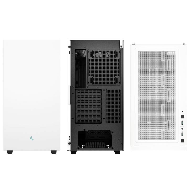 Tre case bianche per tower del computer, con vista frontale, posteriore e interna, mostrano il design e le possibilità di connessione.