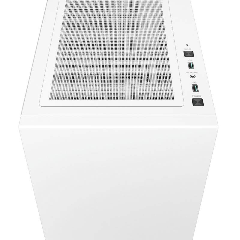 Custodia per computer bianca con pannello USB laterale; griglie di ventilazione superiori per la circolazione dell'aria. Adatta per PC desktop moderni.