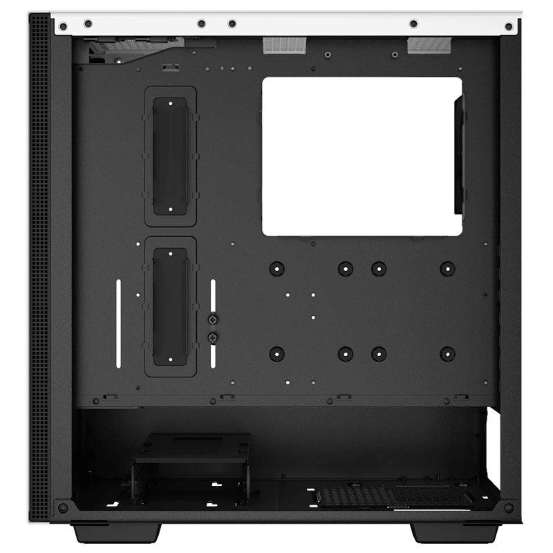 Custodia per computer nera con area libera per scheda madre, passacavi e vani per unità di storage nella parte inferiore. Adatta per l'assemblaggio di un PC.