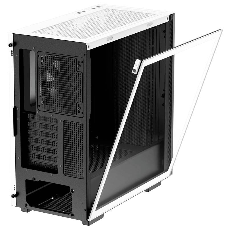 Un case di computer aperto con pannello laterale trasparente, che mostra dove vengono installati componenti come scheda madre, scheda grafica e alimentatore.