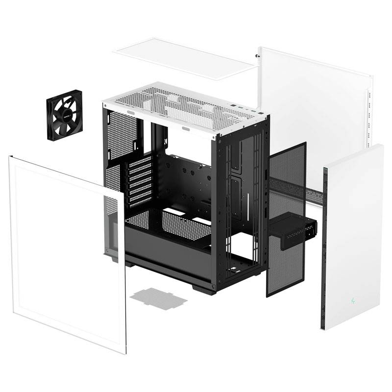 Componenti di un case per computer in vista esplosa: telaio principale, pannelli laterali, ventole, coperchio. Mostra la struttura e la composizione.