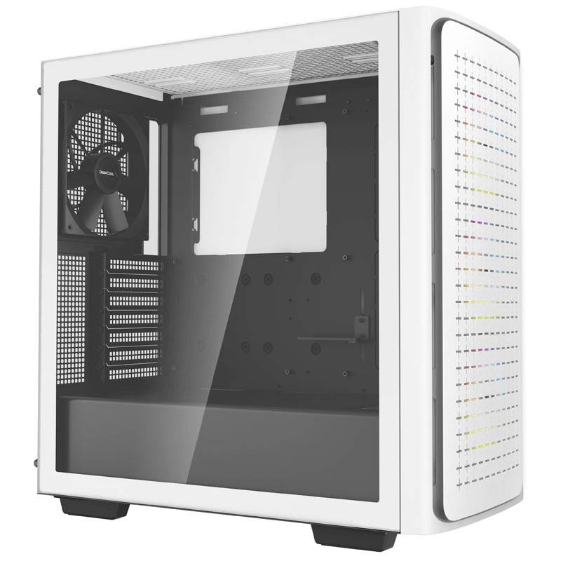 Un case per PC bianco con finestra laterale trasparente, interno nero e un ventilatore posteriore. Punti colorati sulla parte anteriore.