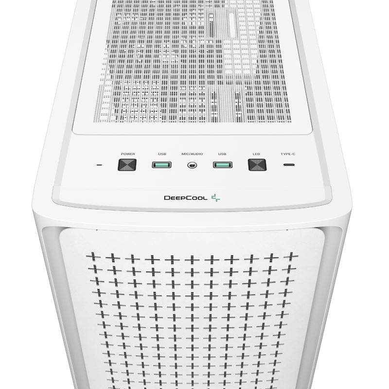Un case per computer bianco di DeepCool con griglie di ventilazione sulla parte superiore e anteriore. Dispone di porte USB e un interruttore di accensione.