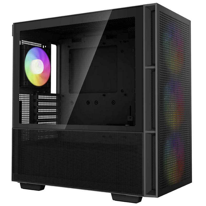 Case PC nero con pannello laterale trasparente, all'interno è visibile un ventilatore LED colorato. Ideale per setup da gaming.