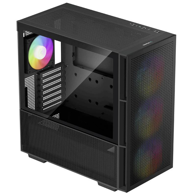 Case per computer nero con pannello laterale trasparente e ventole illuminate RGB. Spazio per molteplici componenti interni.