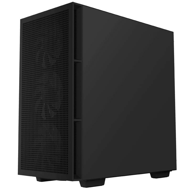 Un case per computer nero con copertura frontale forata e pareti laterali rigide.