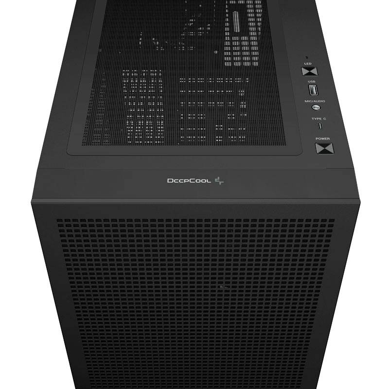 Un case nero per PC di DeepCool con fessure di ventilazione laterali e comandi sulla parte anteriore superiore.