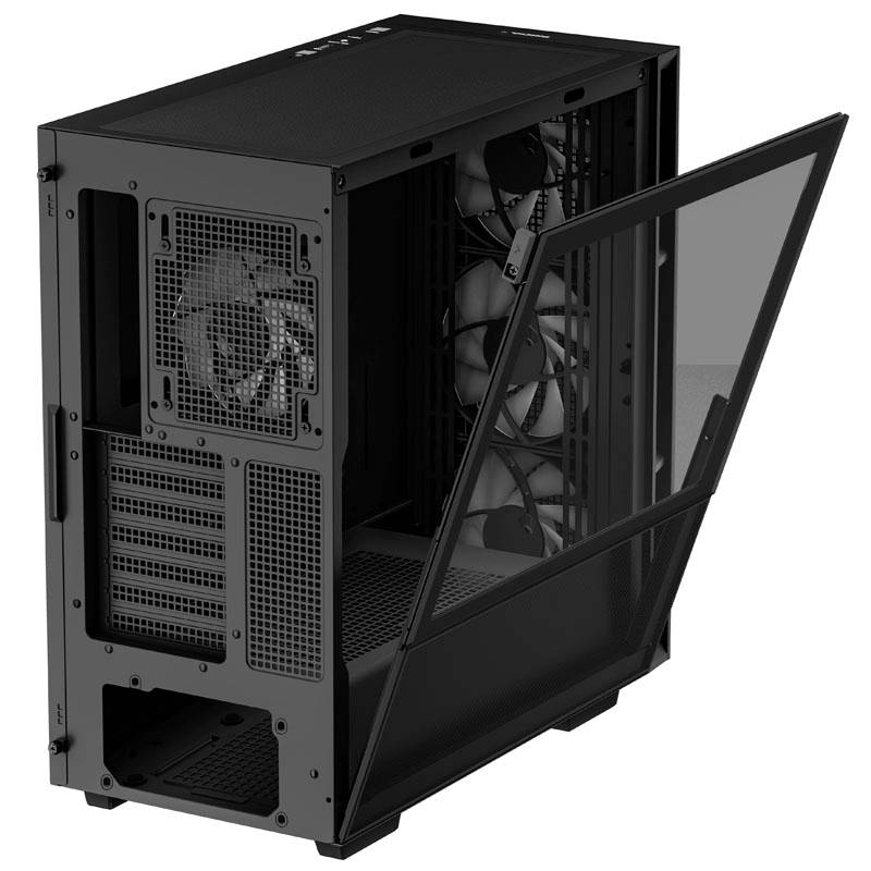 Custodia per computer nera con sportello laterale aperto e ventole visibili.