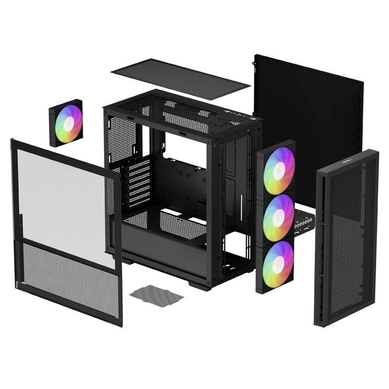 Case per computer smontato con pannelli rimossi; mostra ventole RGB, filtri antipolvere magnetici e uno spazio interno modulare.
