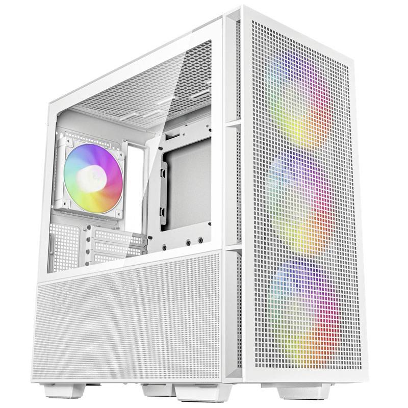 Case per computer bianco con pannello laterale trasparente che mostra ventole RGB colorate e una griglia in mesh sulla parte anteriore.
